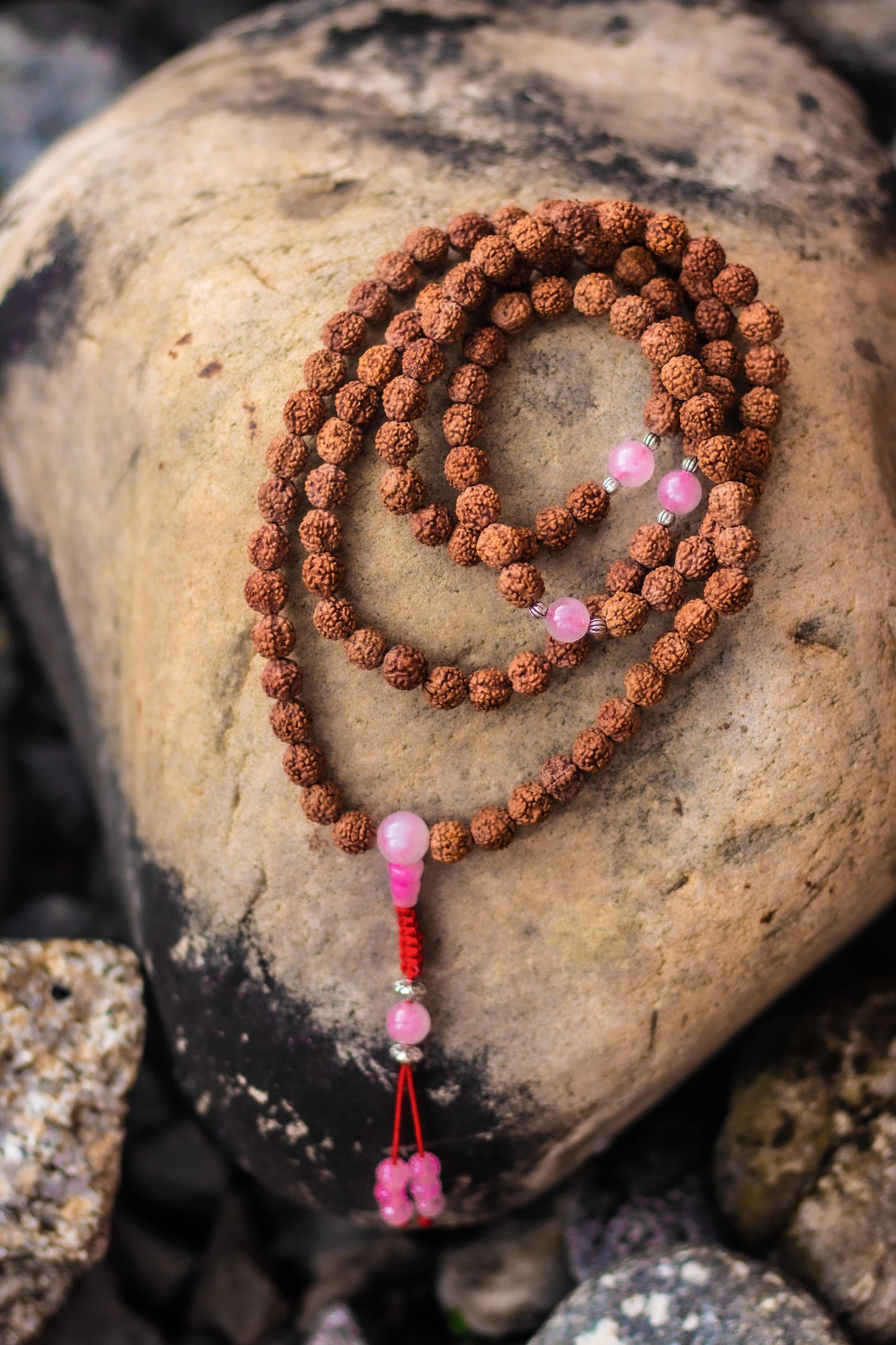 Rudraksha 108 Mala with Rose Quartz Spacers