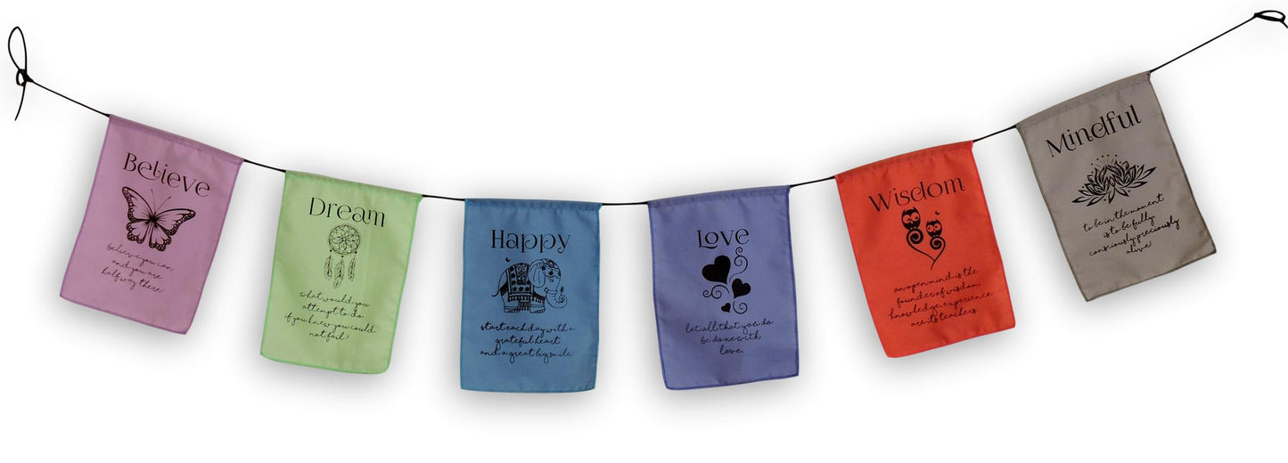 Handmade Believe, Dream, Happy, Love, Wisdom, Mindful Affirmation Prayer Flags (Mindful 9X12) Each String has six vibrantly Colored Flags and Handmade with Love.