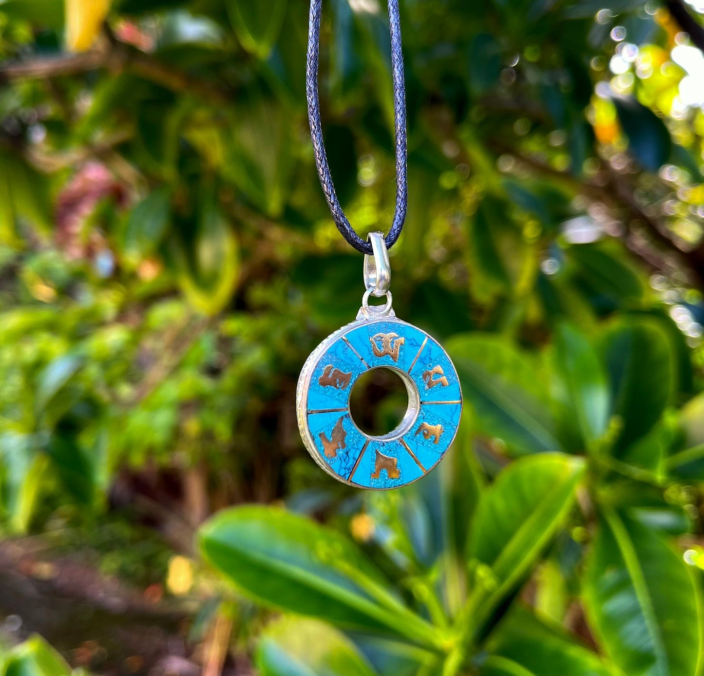 Circle Om Mani Turquoise and Brass Pendant