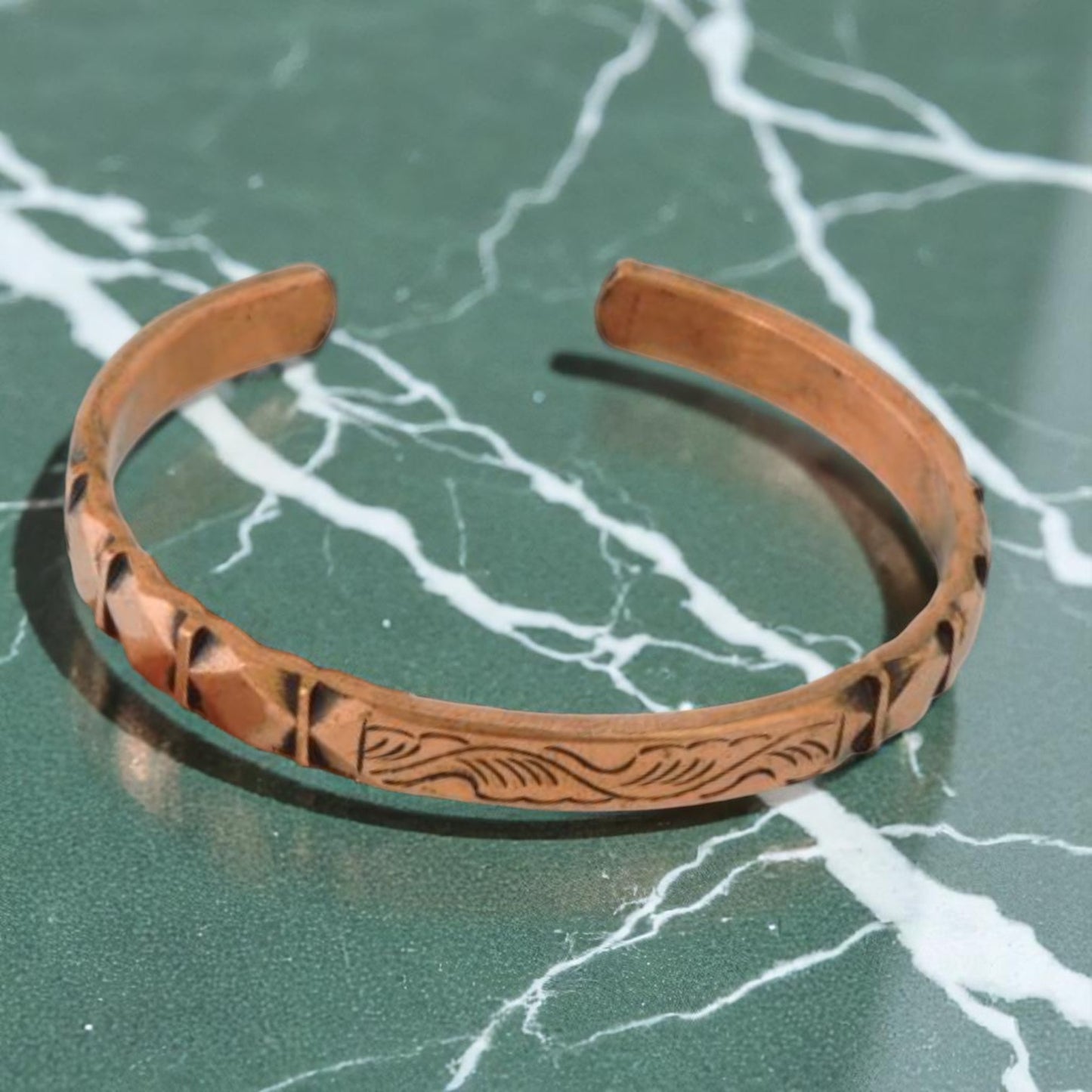 Diamond and Wave Copper Cuff Bracelet - Style 12