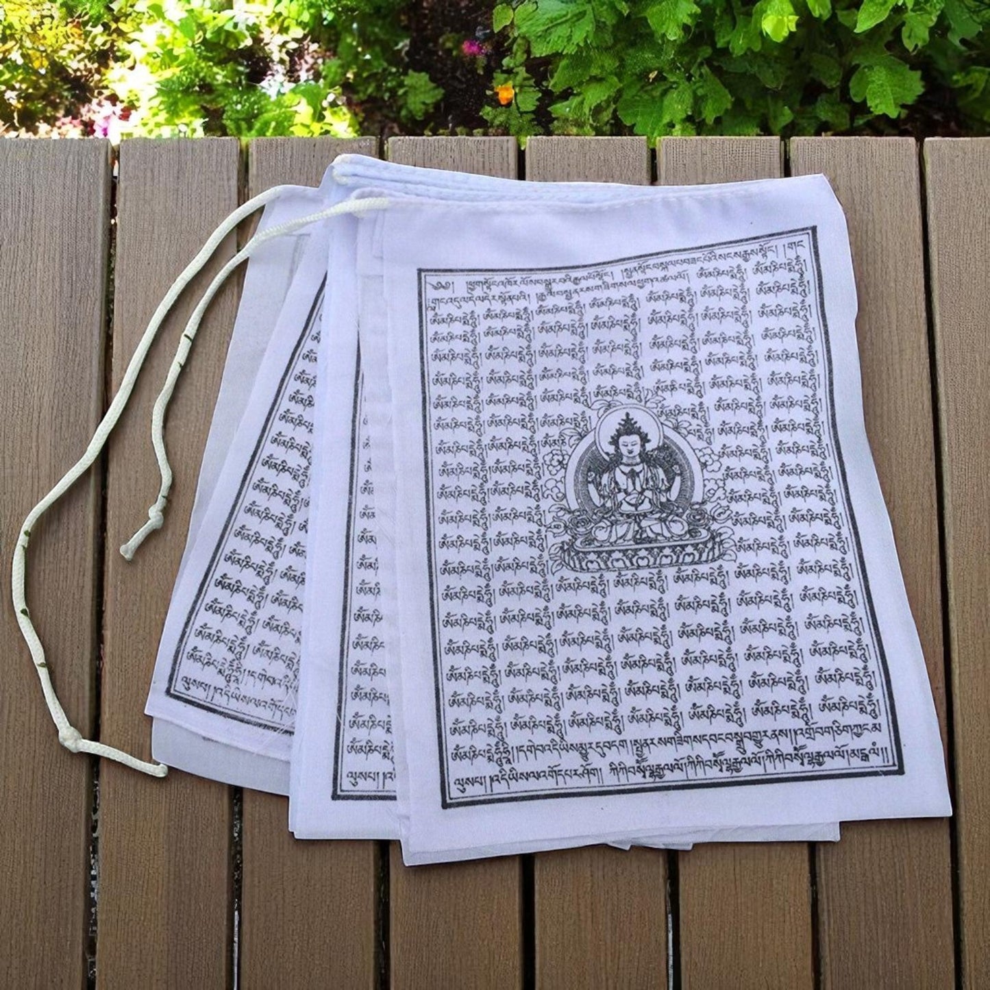 Buddha of Compassion Tibetan Prayer Flags From Nepal - Solid White Color (Set of 10 Flags)