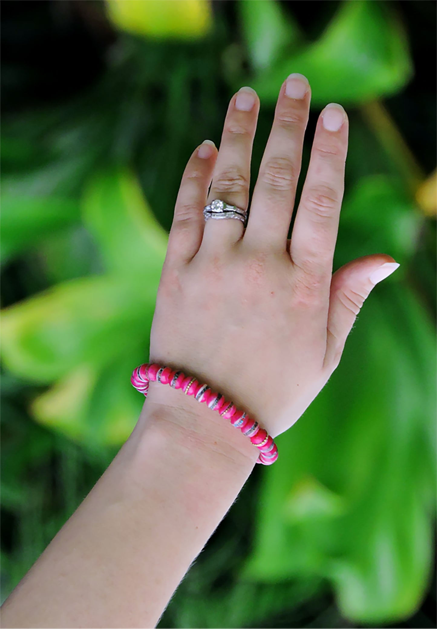 Embedded Medicine Bracelet Yoga Healing Beads Adjustable Wrist Mala Fuchsia Pink