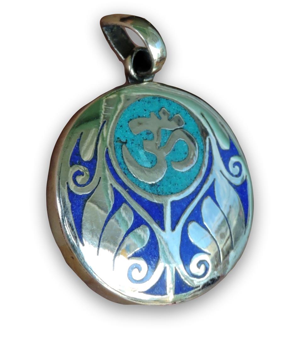 Handmade Tibetan Turquoise, Coral, Lapis Om Pendant from Nepal (Turquoise Om)