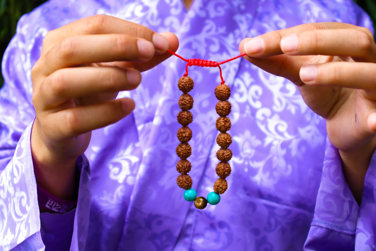 Rudraksha Tibetan Wrist Mala Yoga Bracelet with Turquoise and Tiger Eye Spacers