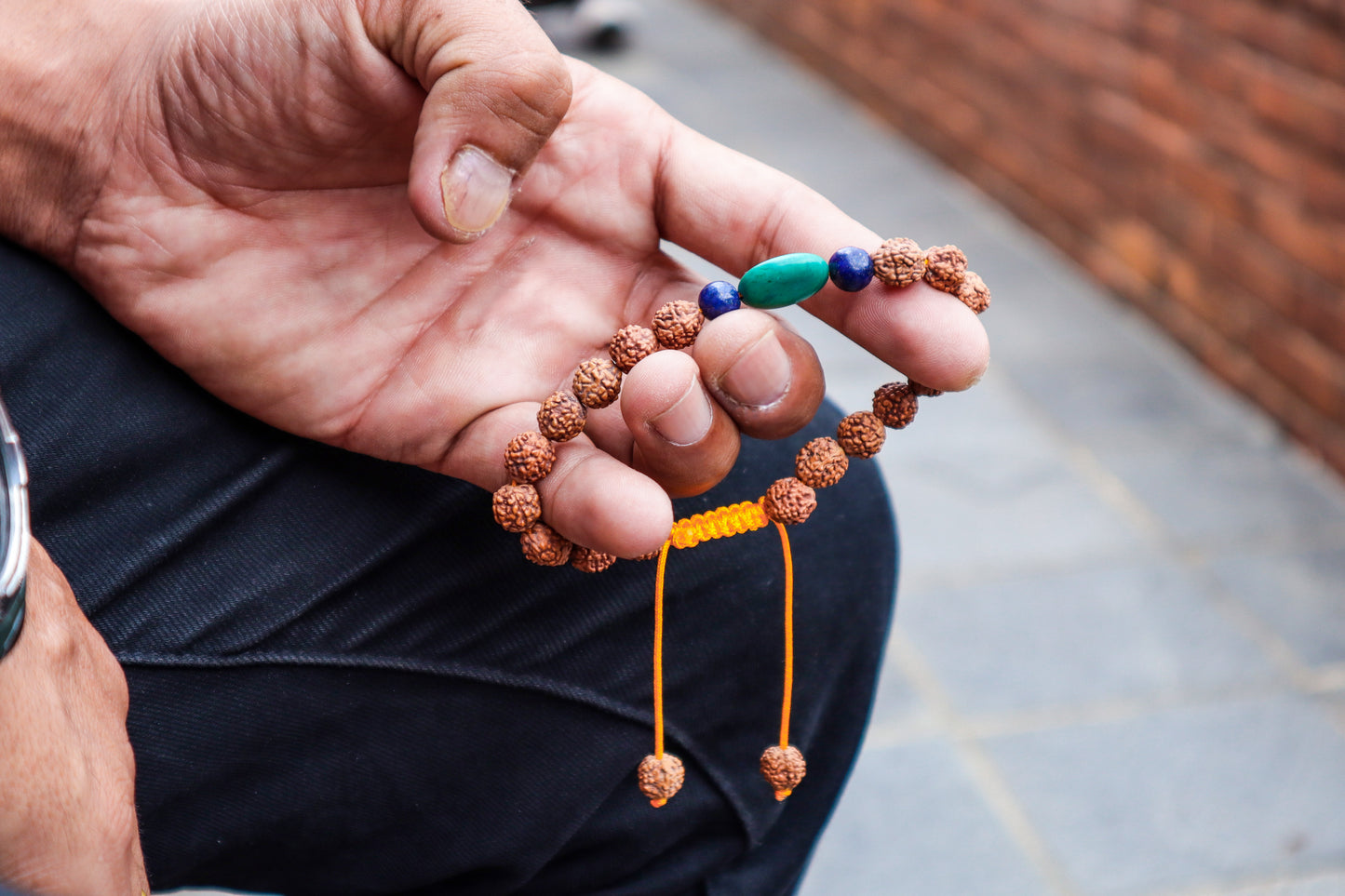 Rudraksha Tibetan Wrist Mala/Bracelet with Lapis and Large Turquoise Spacers