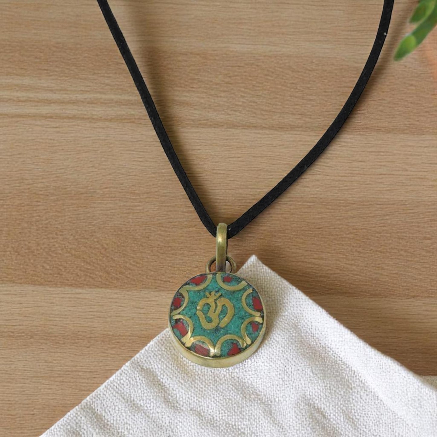 Handmade Turquoise and Coral Inlaid Brass Sanskrit Om Pendant (Round)