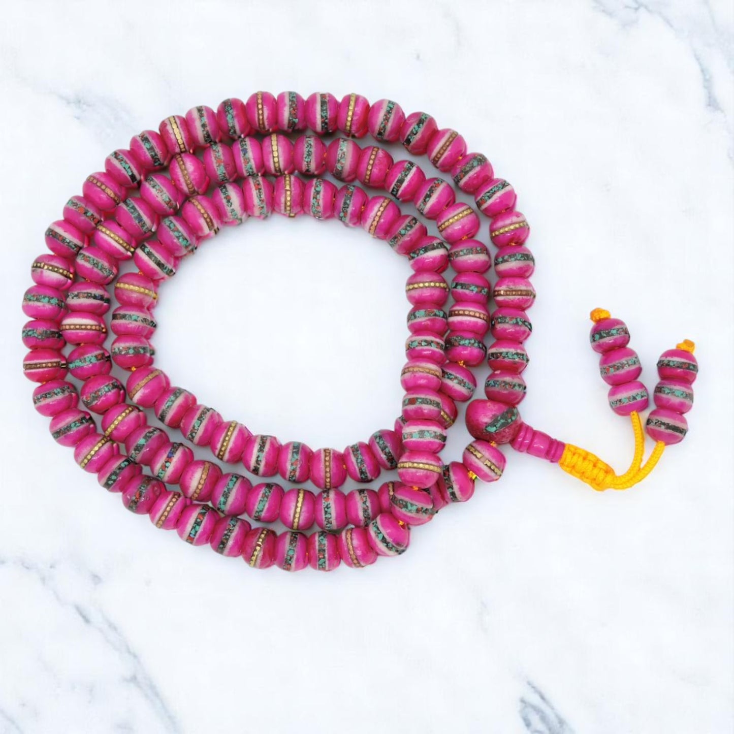 Tibetan Himalayan Yak Bone 108 Beads Embedded Necklace for Meditation (Pink)
