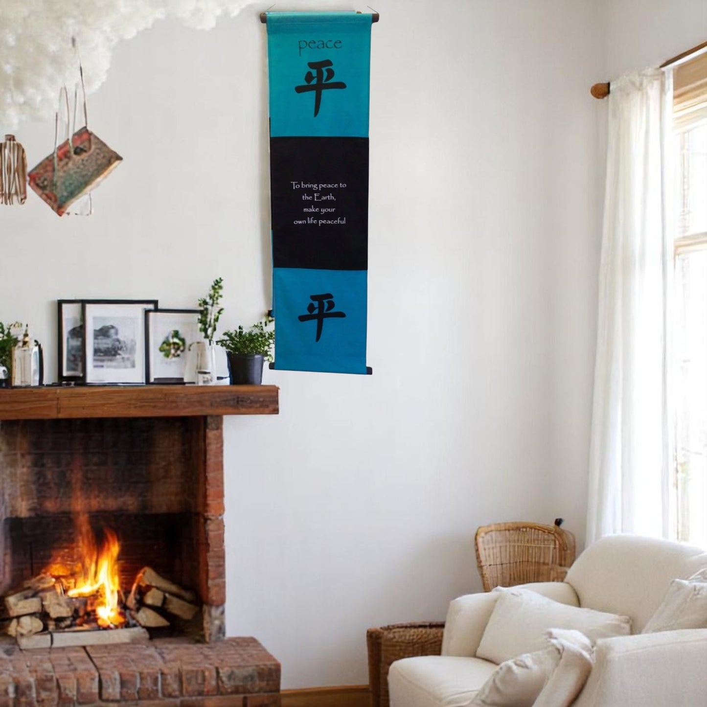 Large Cotton Peace Inspirational Yoga Banner Scroll Style (Turquoise)