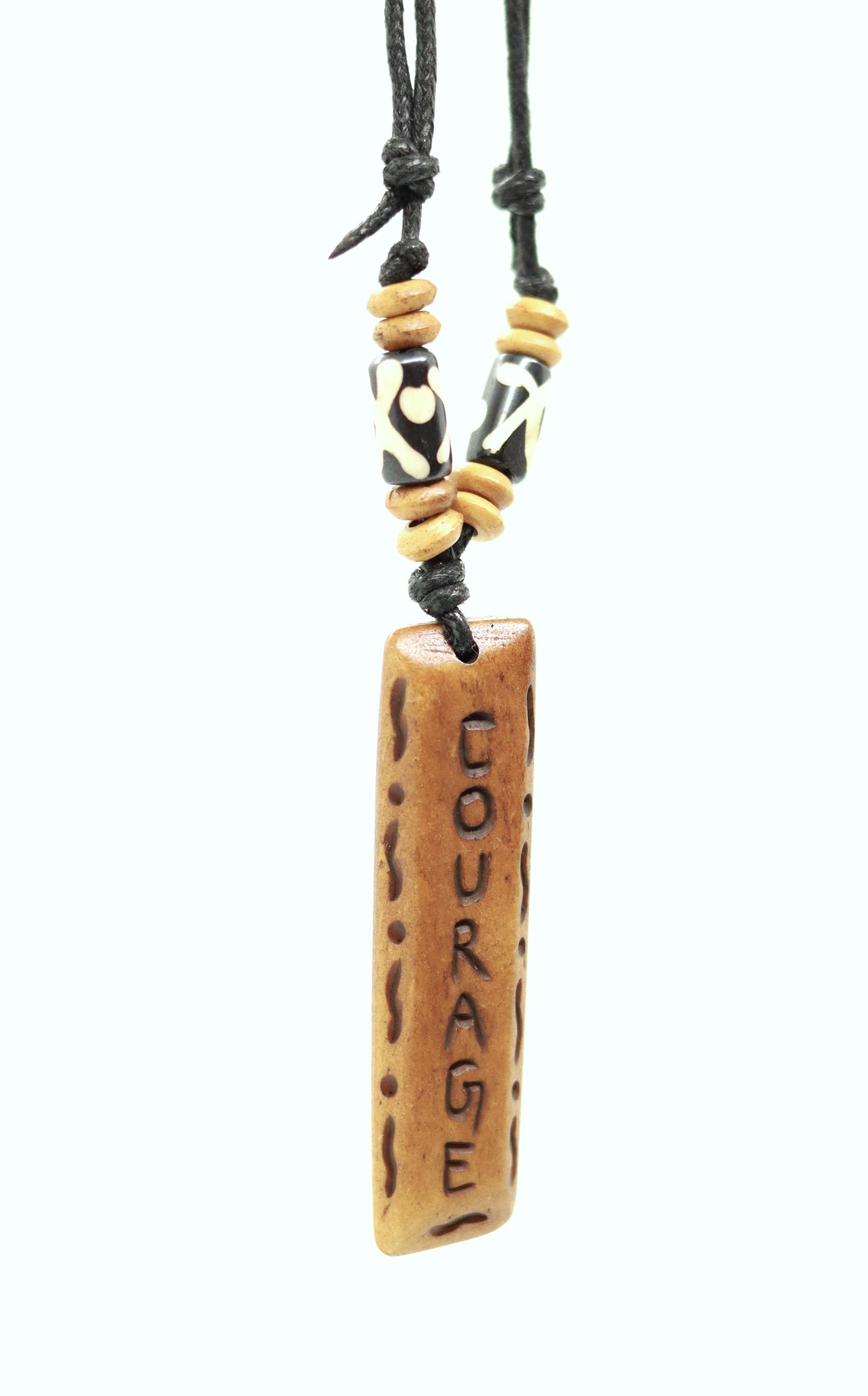 Handmade Courage Message Bone Pendant For Men Or Women Boho Necklace