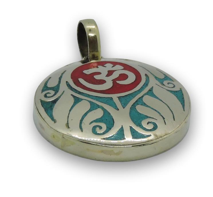 Handmade Tibetan Turquoise, Coral, Lapis Om Pendant from Nepal (Coral Om)
