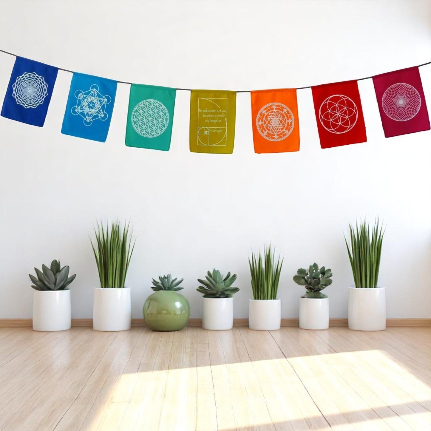 Sacred Geometry Prayer Flags Positive Energy Shri Yantra flower of life, 9X12"