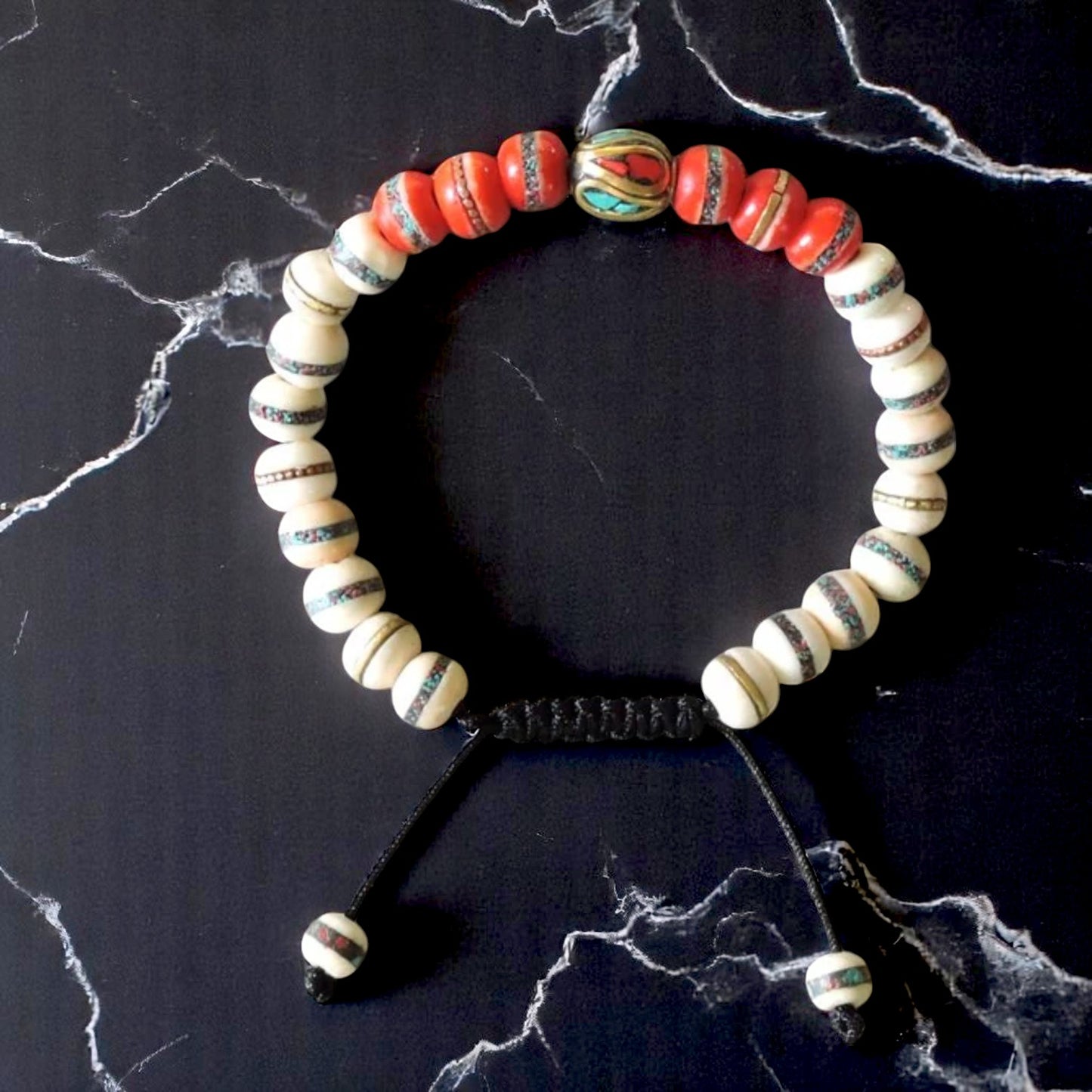 Tibetan Embedded Yak Bone Medicine Healing Wrist Mala for Meditation - White/Red/Multi-Bead