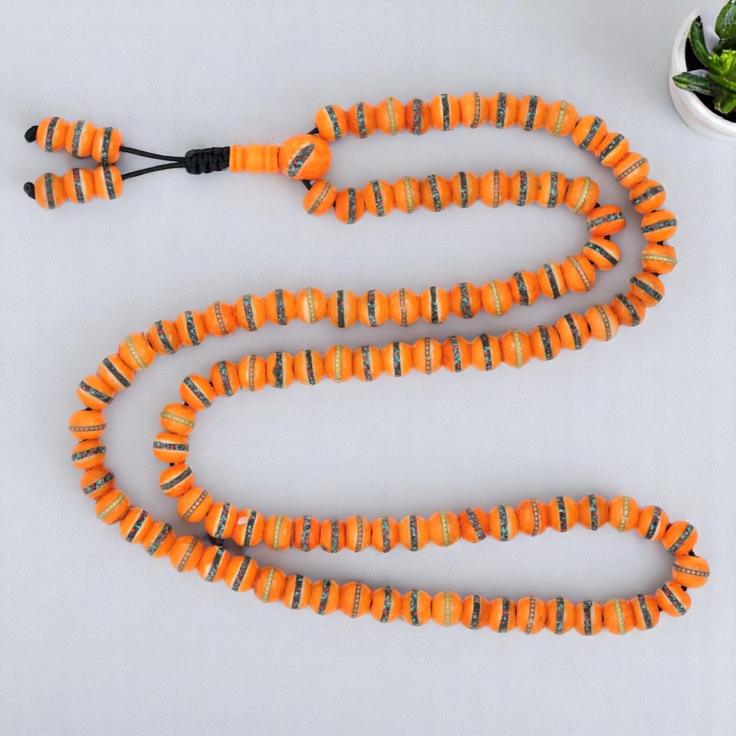 Tibetan Himalayan Yak Bone 108 Beads Embedded Necklace for Meditation (Orange)