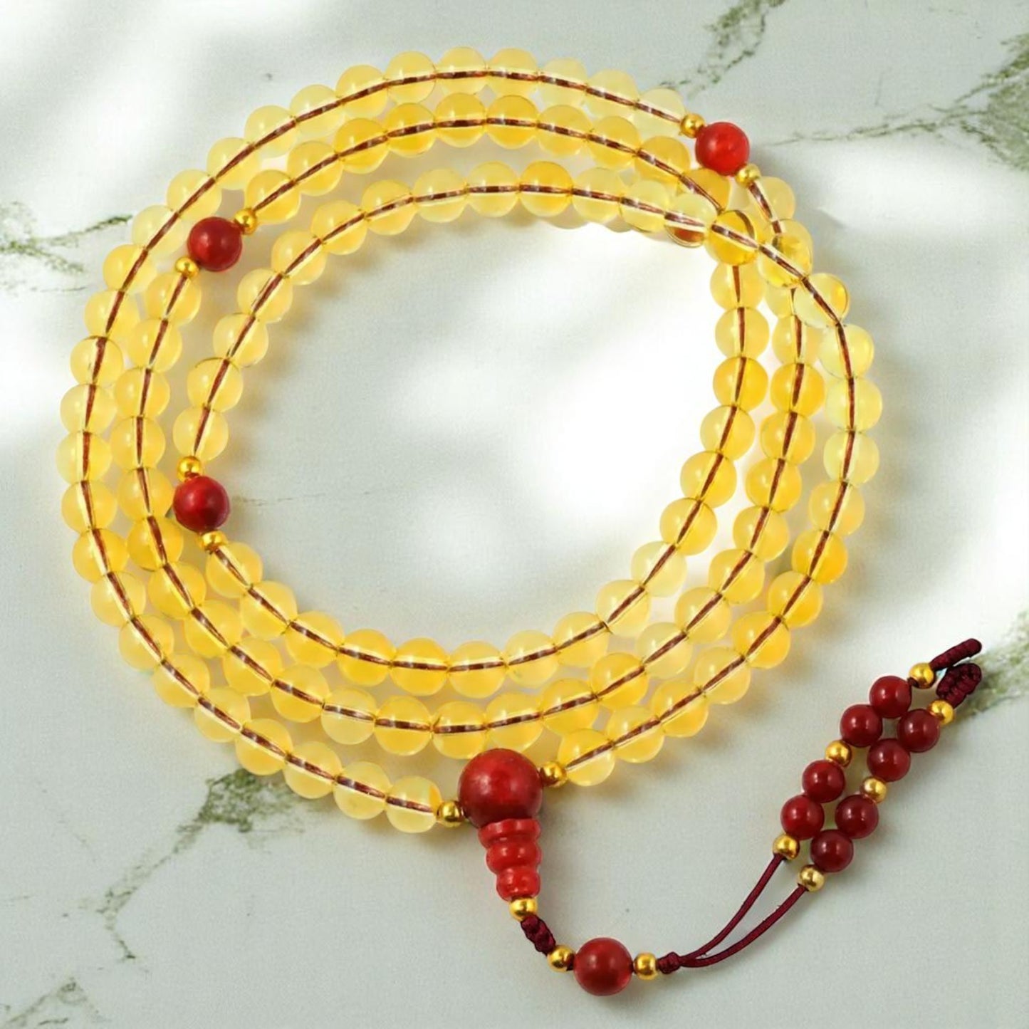 Citrine and Coral Sunrise 108 Bead Tibetan Mala with for Meditation