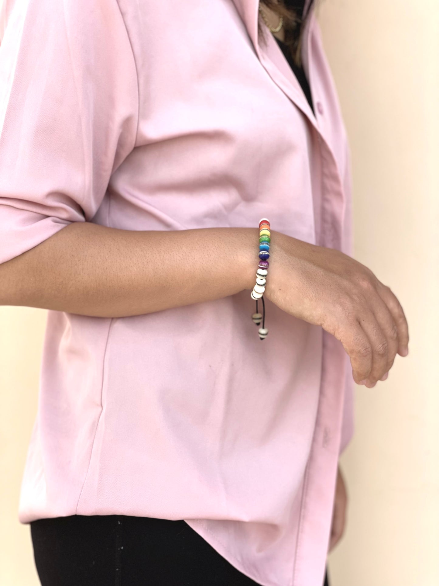 Embedded Medicine Bracelet Beads Adjustable Wrist Mala(Seven Chakra and White)