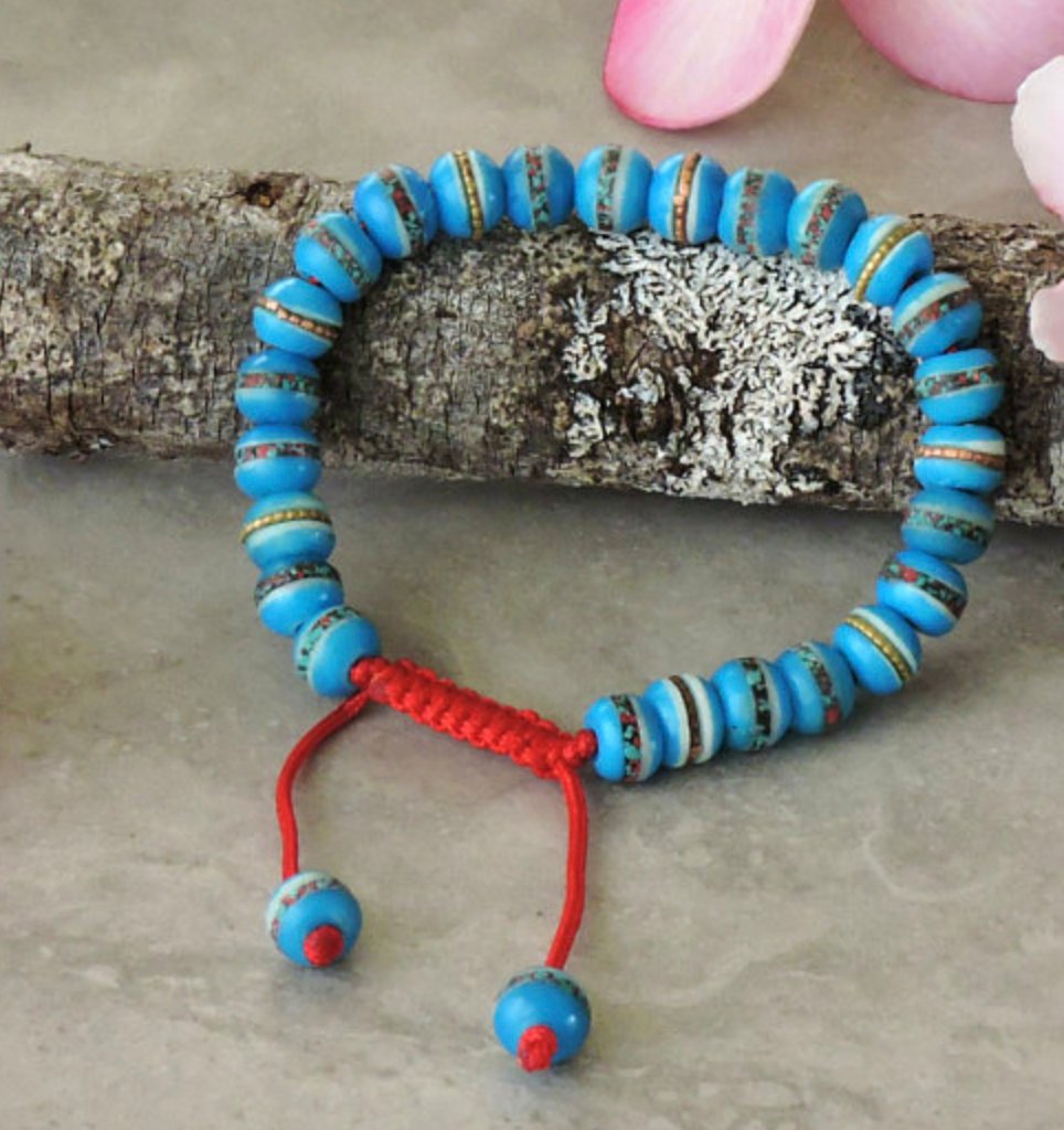 Tibetan Embedded Yak Bone Medicine Healing Wrist Mala for Meditation - Sky Blue