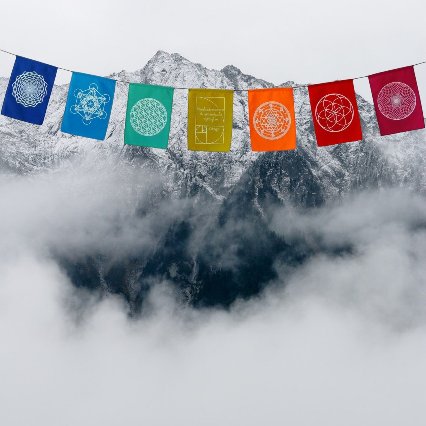 Sacred Geometry Prayer Flags Positive Energy Shri Yantra flower of life, 9X12"