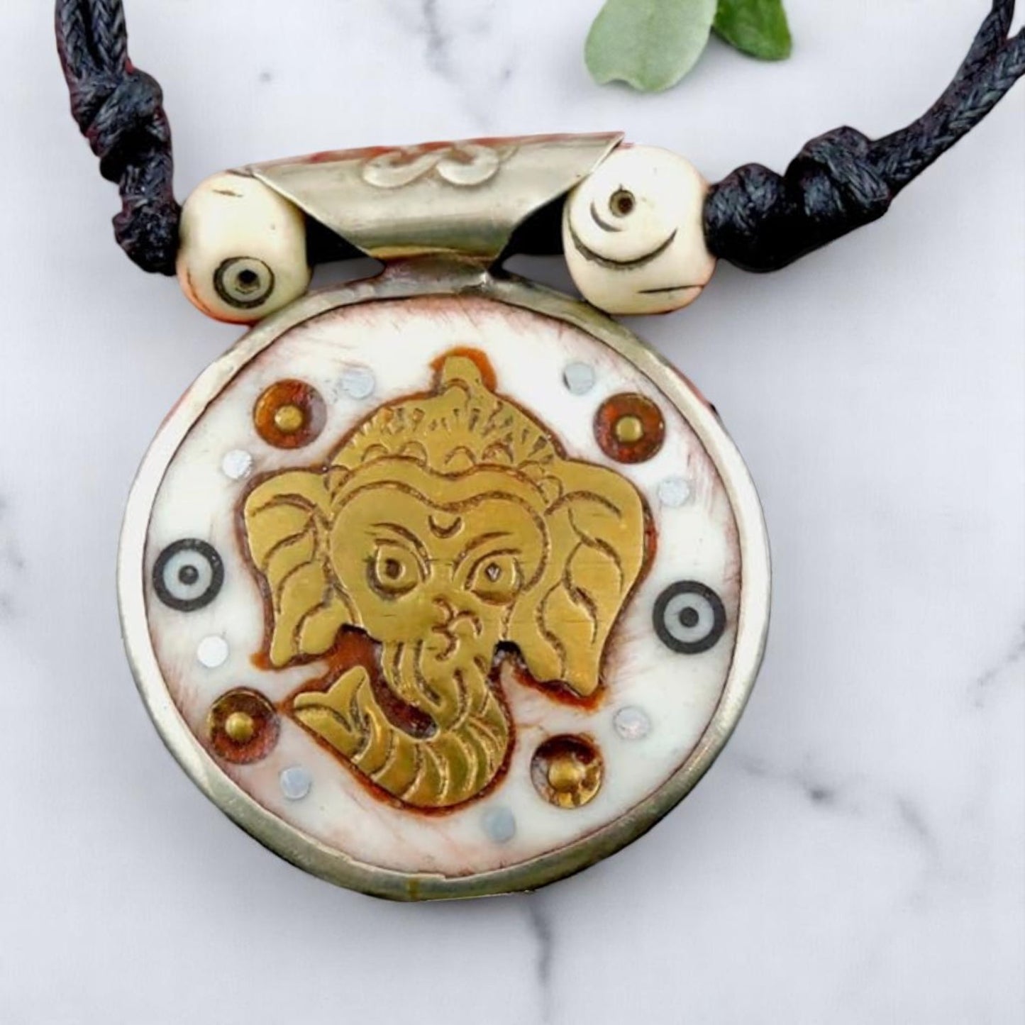 Double Sided Hand Crafted Yak Bone Compassion and Lord Ganesh Pendant