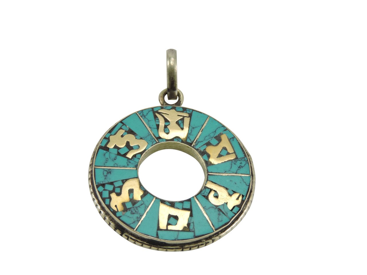 Circle Om Mani Turquoise and Brass Pendant