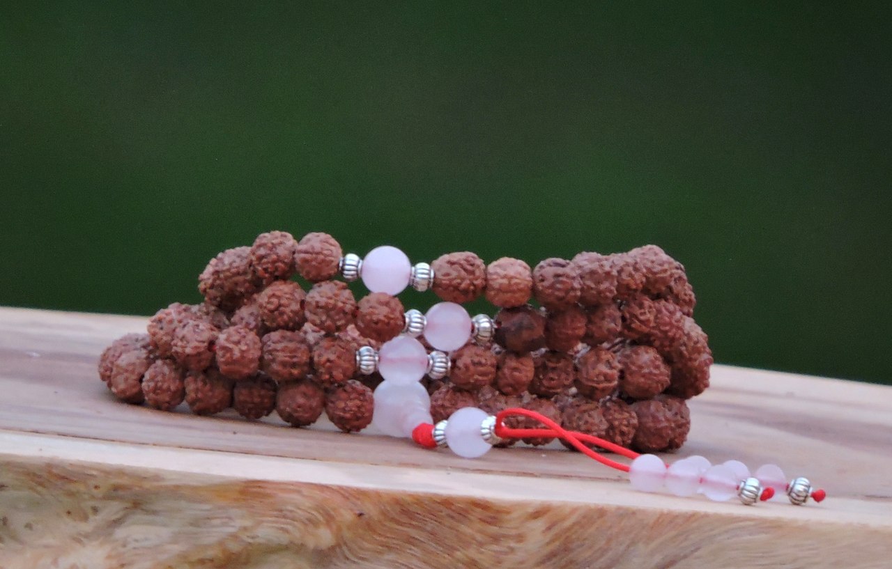 Rudraksha 108 Mala with Rose Quartz Spacers