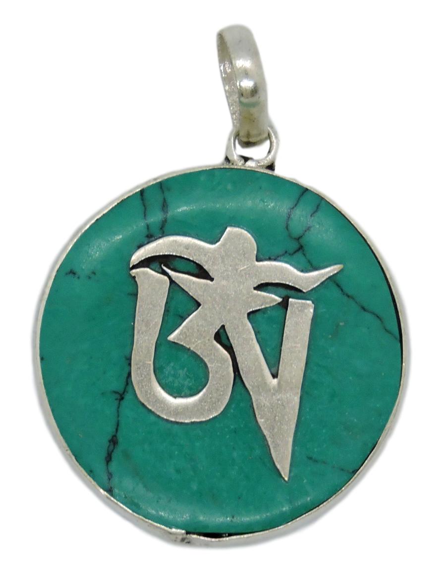 Handmade Tibetan Turquoise, Coral, Lapis Om Pendant from Nepal (Large Om)