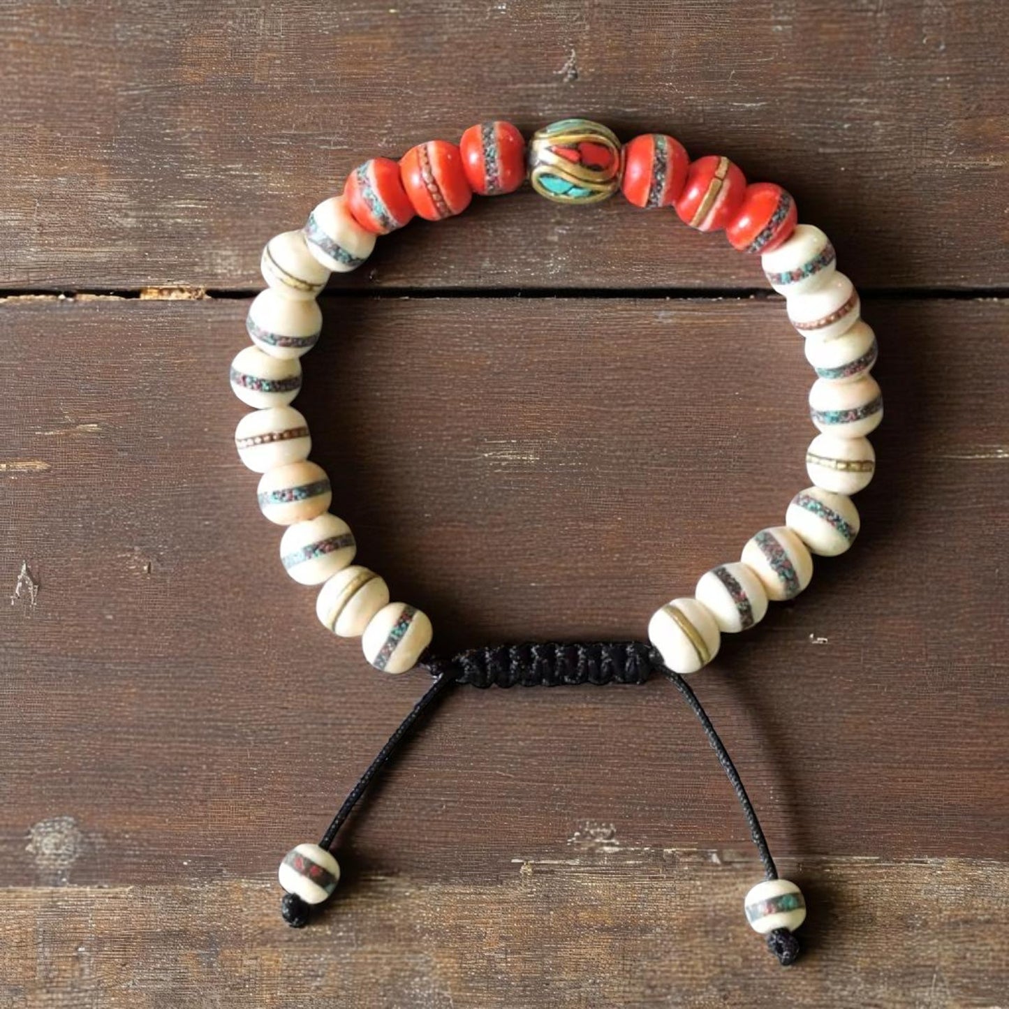 Tibetan Embedded Yak Bone Medicine Healing Wrist Mala for Meditation - White/Red/Multi-Bead
