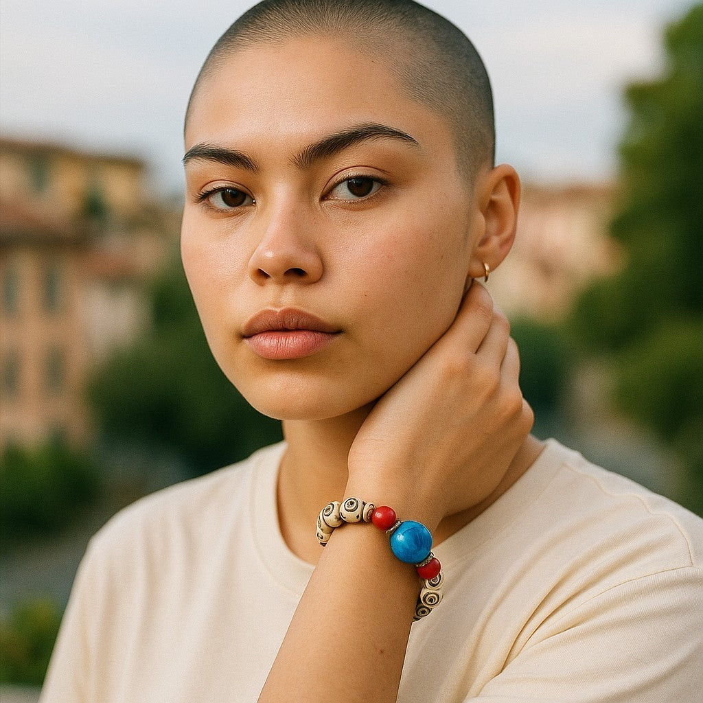 Carved Yak Bone Wrist Mala Bracelet with Turquoise and Coral Spacers