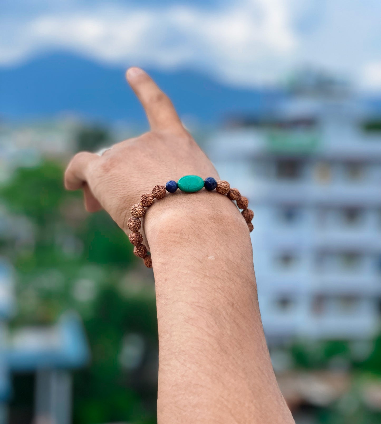 Rudraksha Tibetan Wrist Mala/Bracelet with Lapis and Large Turquoise Spacers