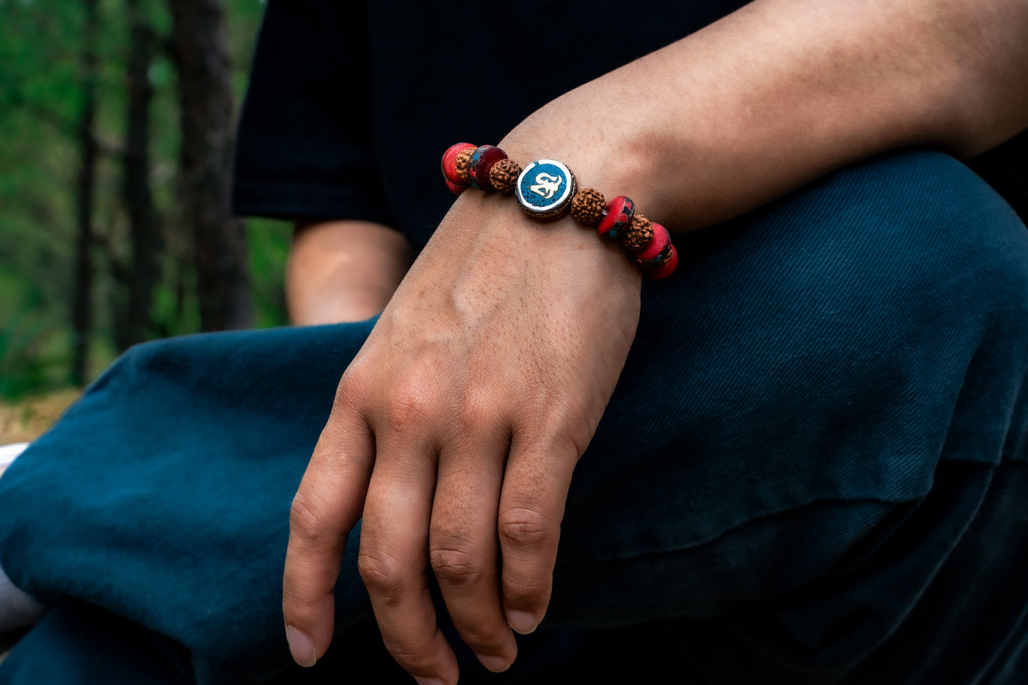Embedded Medicine Wrist Mala for Meditation Handmade Draw String (Om Charm)