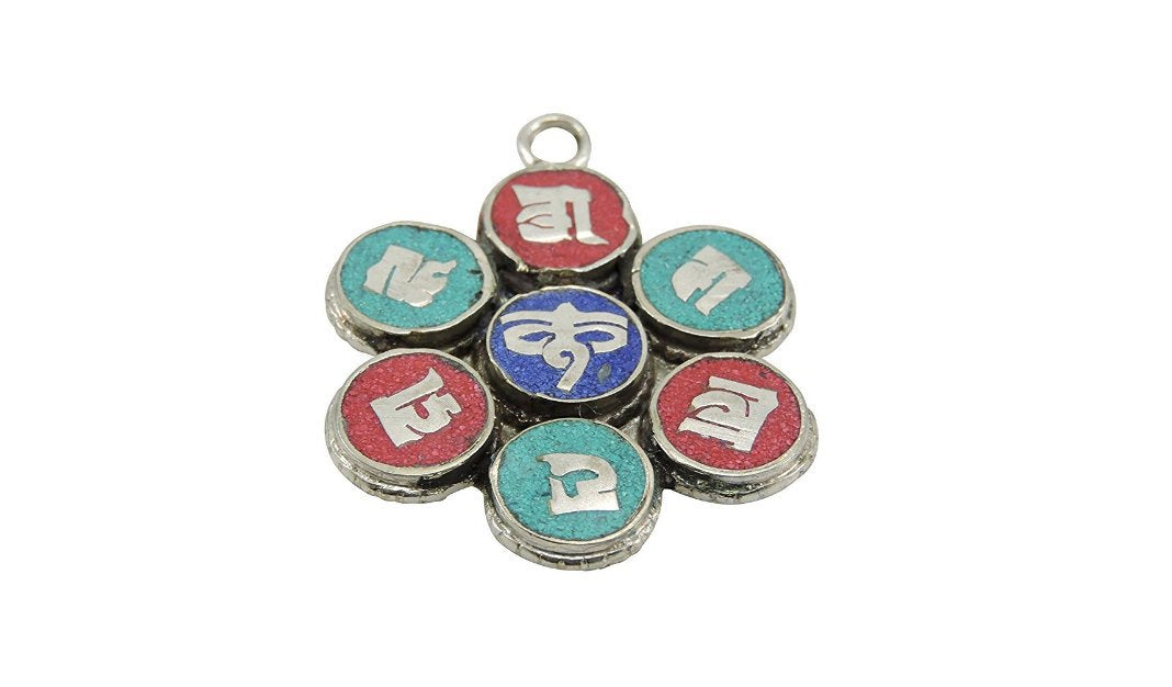 Handmade Lapis Lazuli Turquoise and Coral Om Mani Padme Hum Pendant