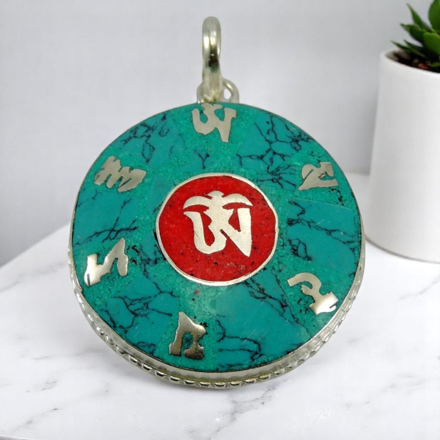 Hand Crafted Turqouise Coral Om Pendant From Nepal
