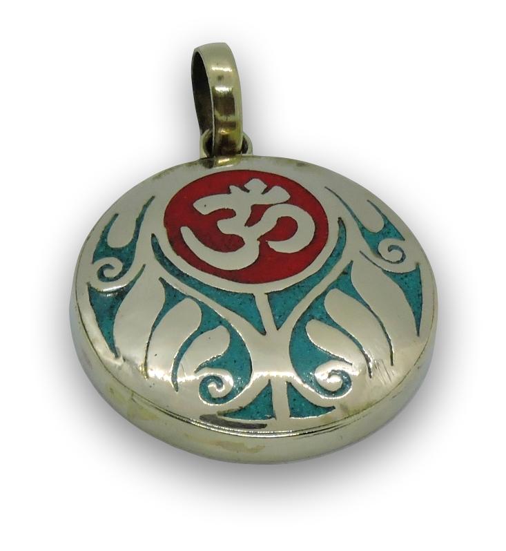 Handmade Tibetan Turquoise, Coral, Lapis Om Pendant from Nepal (Coral Om)