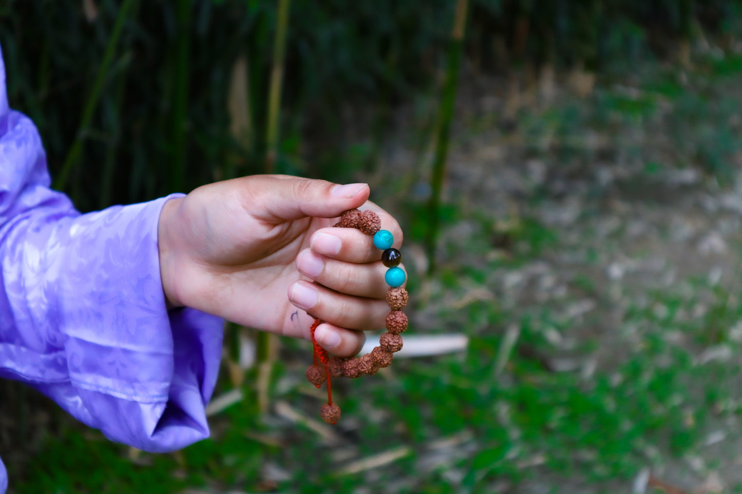 Rudraksha Tibetan Wrist Mala Yoga Bracelet with Turquoise and Tiger Eye Spacers