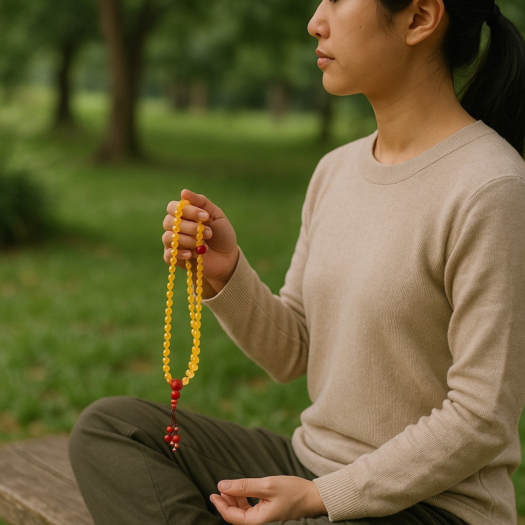 Citrine and Coral Sunrise 108 Bead Tibetan Mala with for Meditation