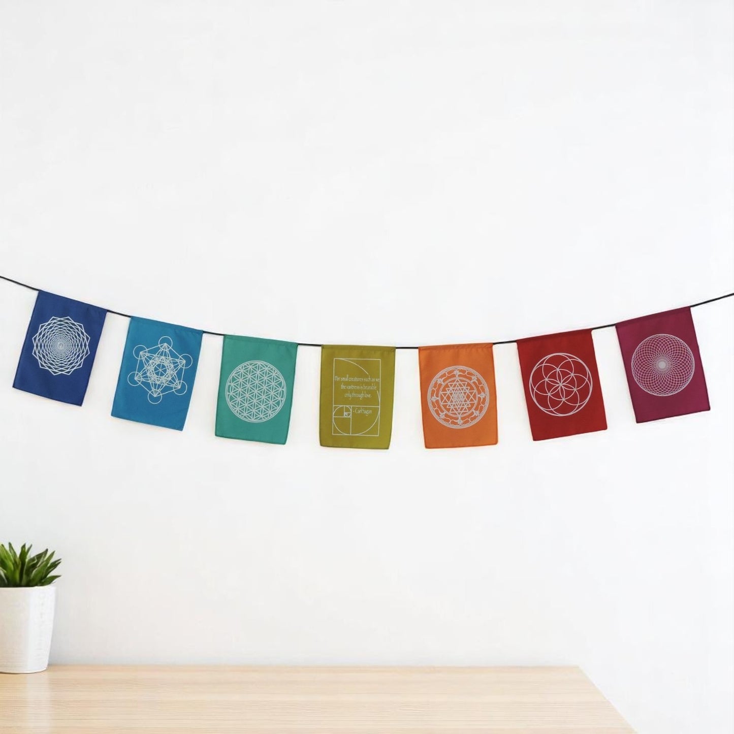Sacred Geometry Prayer Flags Positive Energy Shri Yantra flower of life, 6X8"