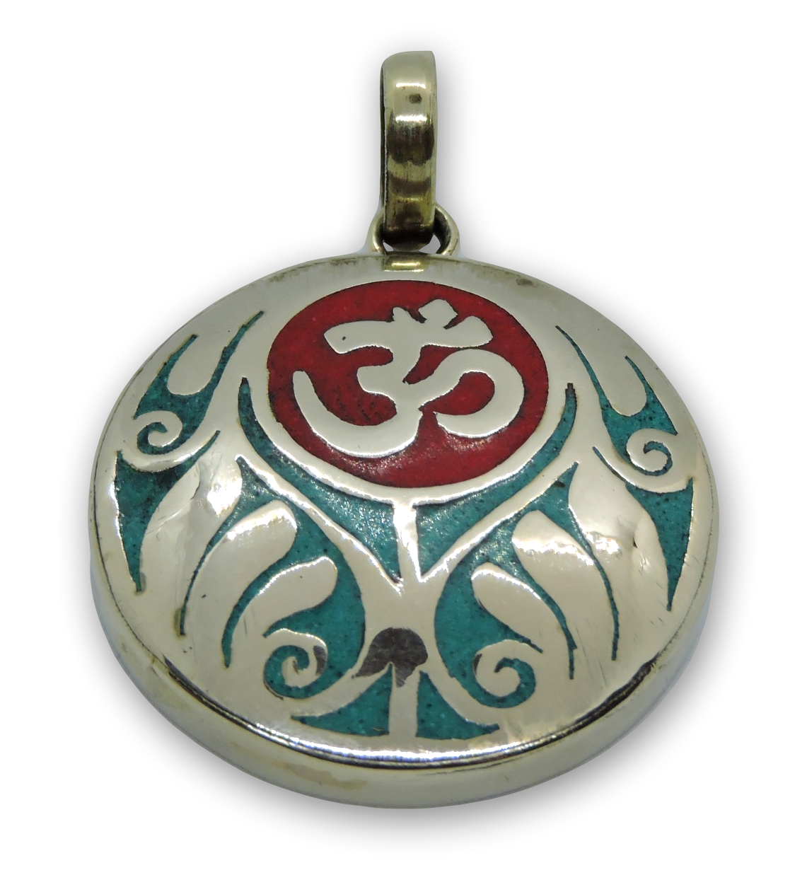 Handmade Tibetan Turquoise, Coral, Lapis Om Pendant from Nepal (Coral Om)