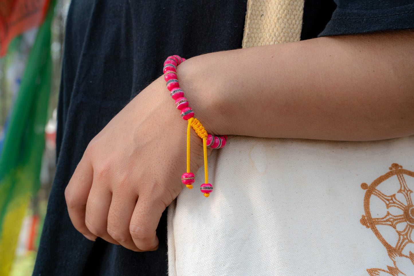 Embedded Medicine Bracelet Yoga Healing Beads Adjustable Wrist Mala Fuchsia Pink