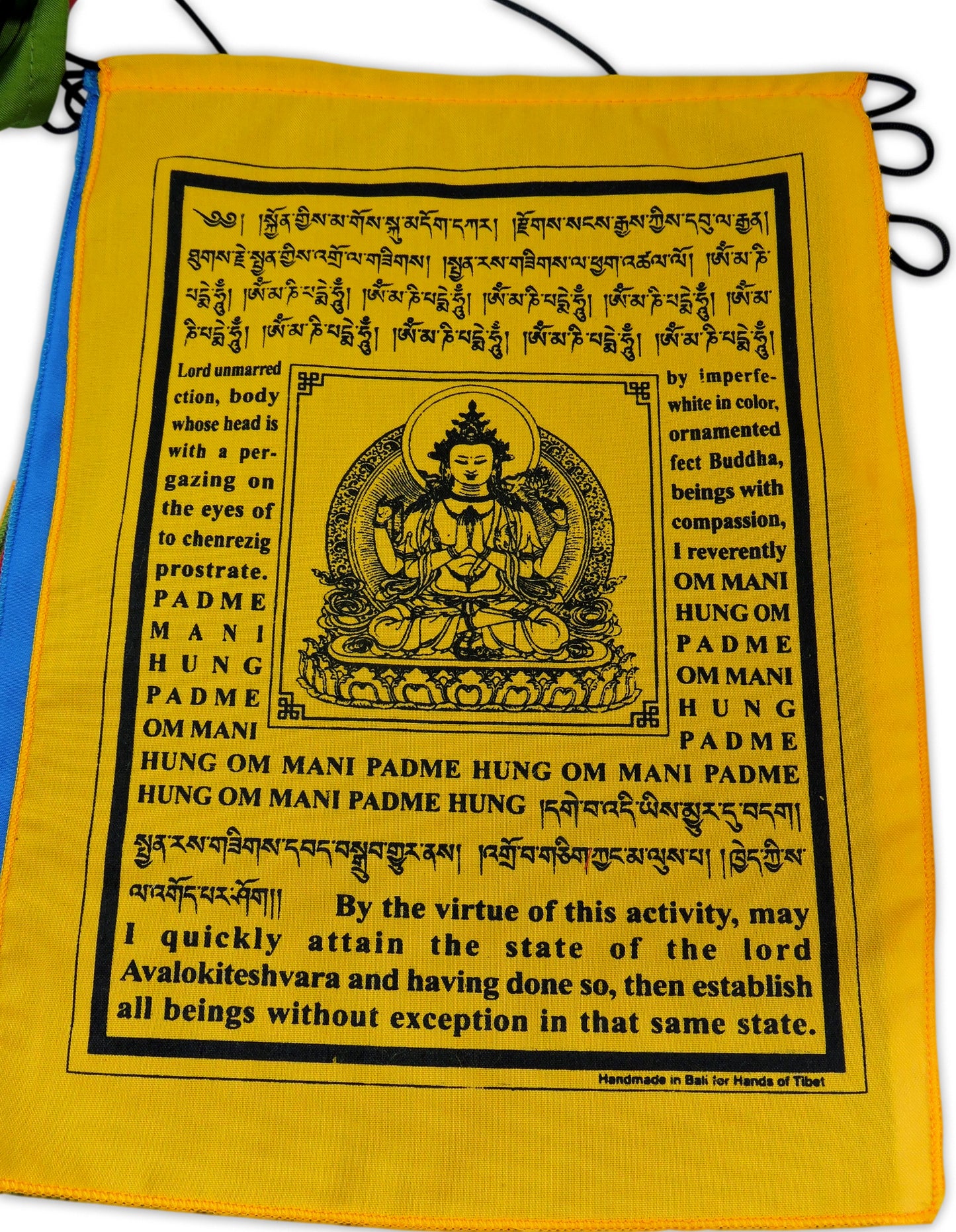 Handmade Buddha of Compassion Prayer flags with English Translation (9x12)