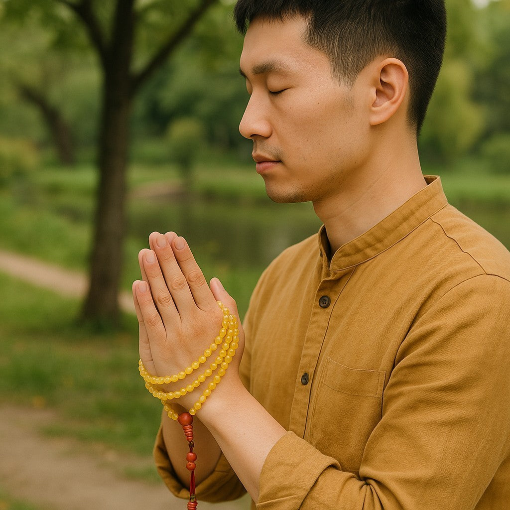 Citrine and Coral Sunrise 108 Bead Tibetan Mala with for Meditation