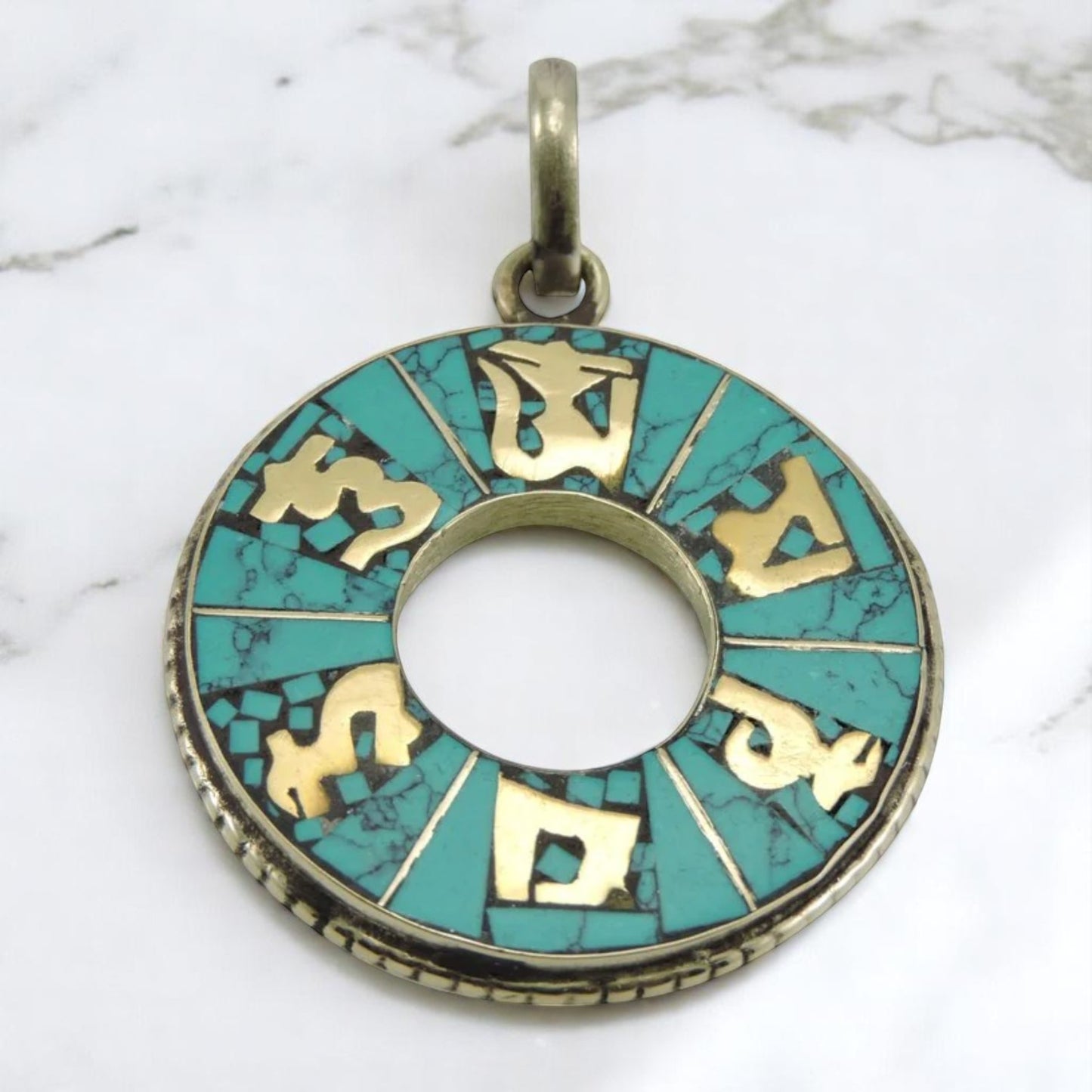 Circle Om Mani Turquoise and Brass Pendant
