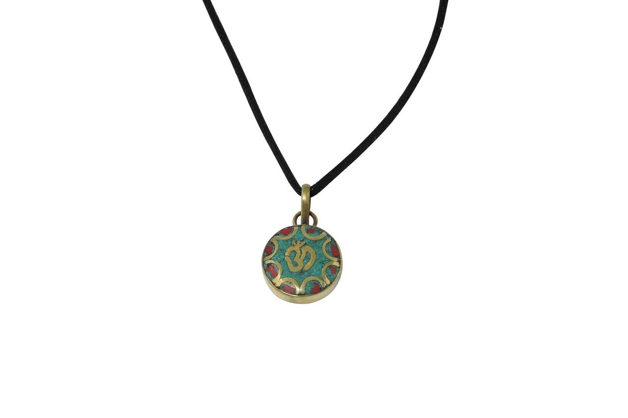 Handmade Turquoise and Coral Inlaid Brass Sanskrit Om Pendant (Round)