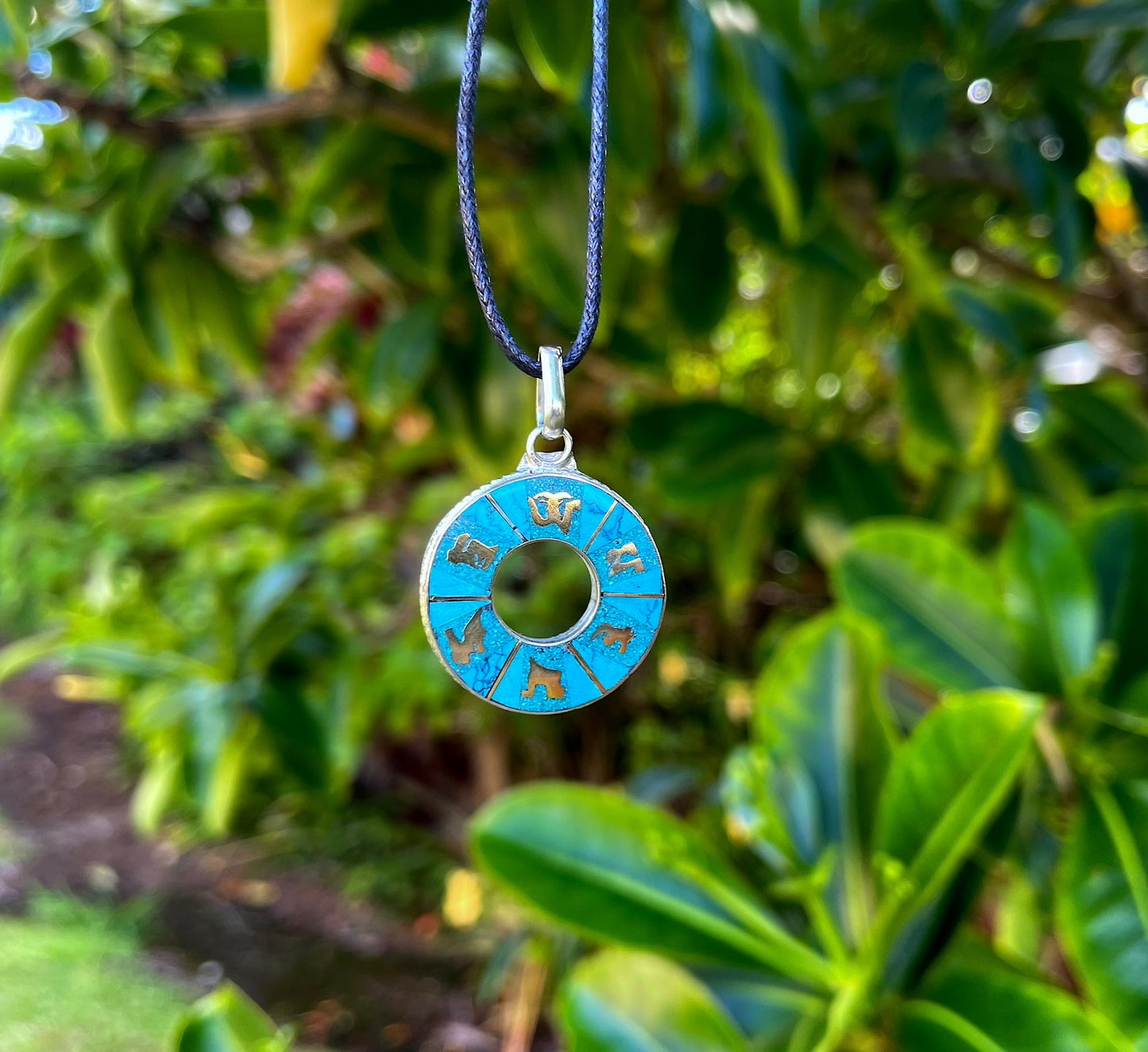 Circle Om Mani Turquoise and Brass Pendant