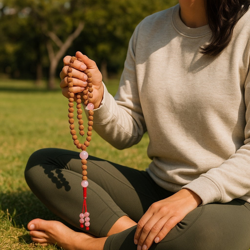 Rudraksha 108 Mala with Rose Quartz Spacers