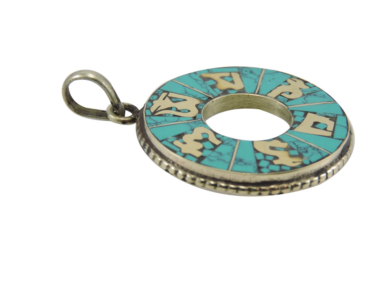 Circle Om Mani Turquoise and Brass Pendant