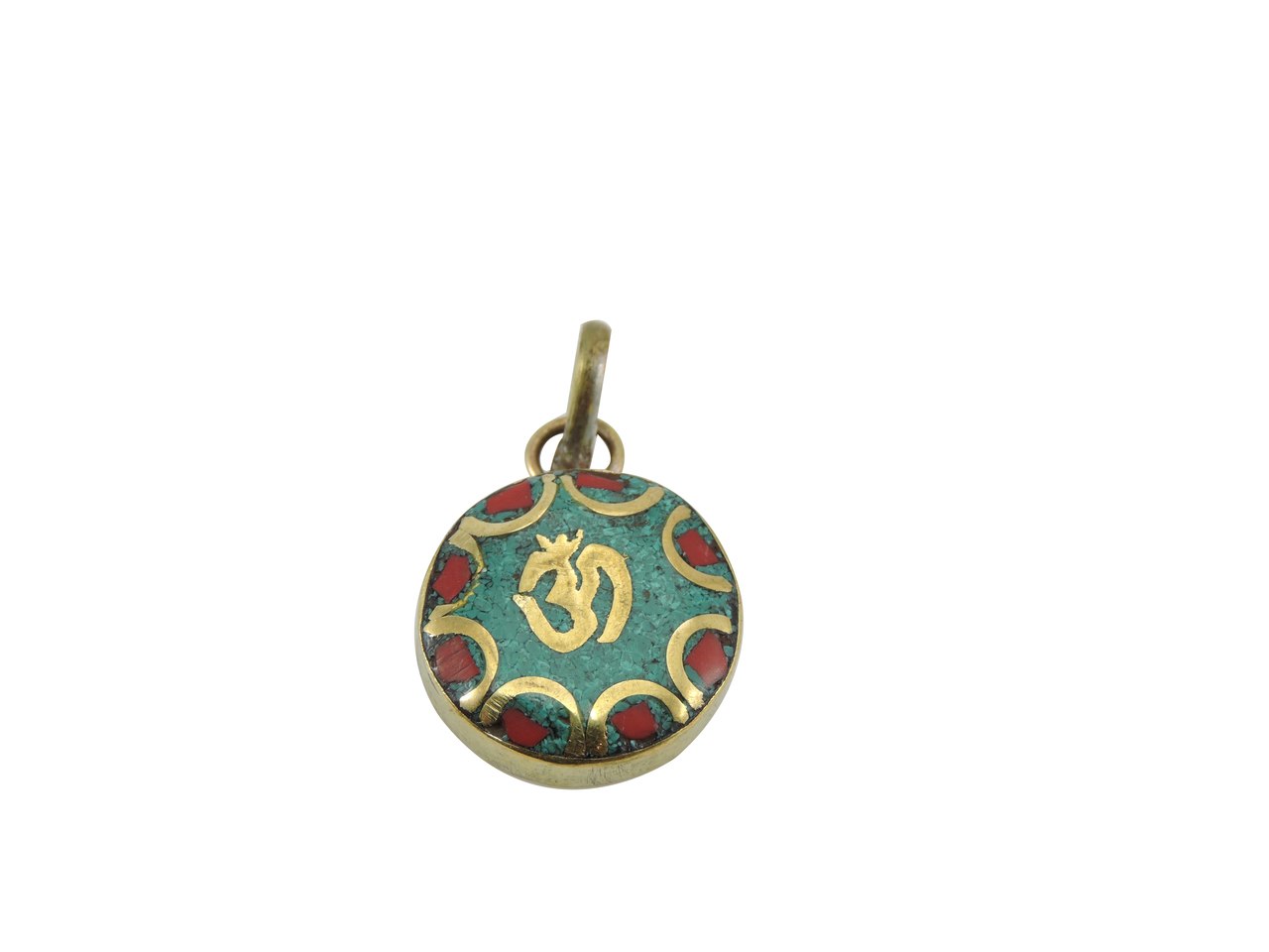 Handmade Turquoise and Coral Inlaid Brass Sanskrit Om Pendant (Round)