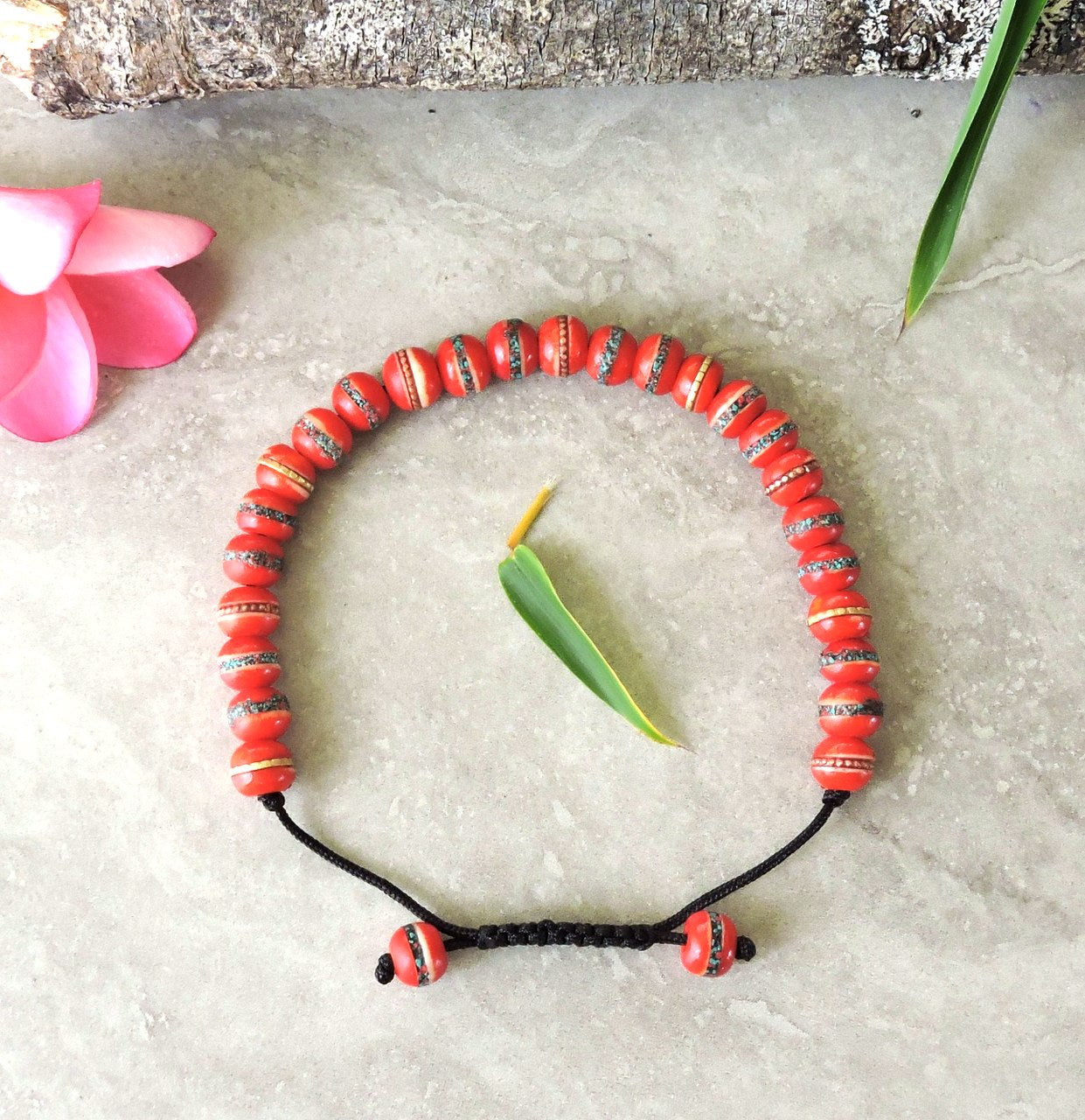 Tibetan Embedded Yak Bone Medicine Healing Wrist Mala for Meditation - Red
