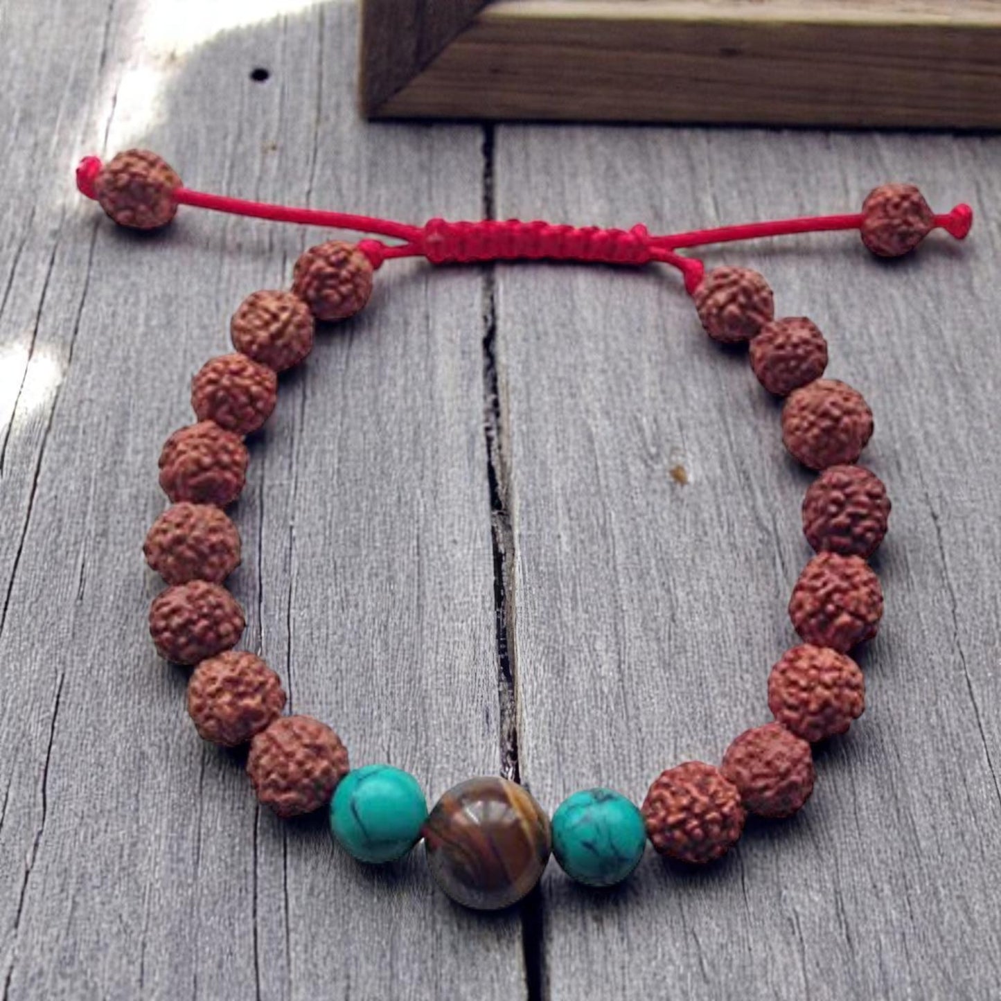 Tibetan Mala Rudraksha Wrist Mala/ Bracelet for Meditation (Tiger eye and Turquoise)