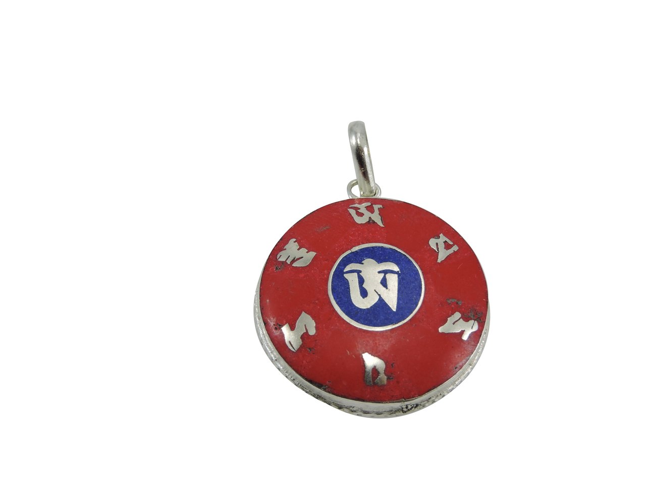Handmade Tibetan Om Mani Coral and Lapis Pendant