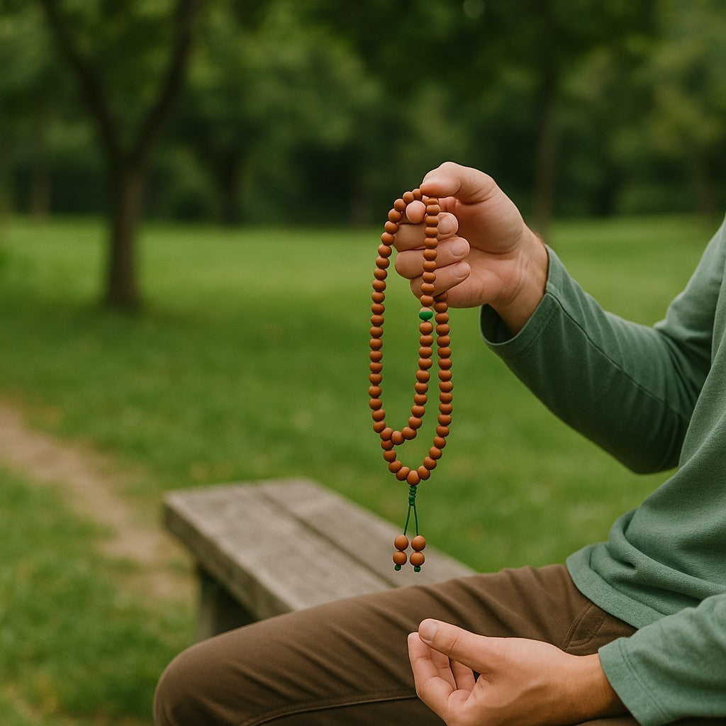 Wood Bead Tibetan Mala - 108 Beads with One Turquoise Spacer