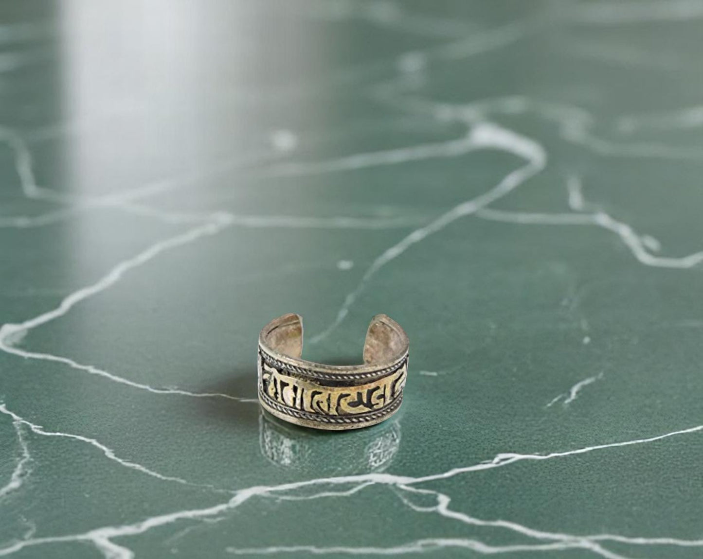 Handmade Tibetan Three Metal, White Metal Dzi Bead Healing Ring (Compassionate Mantra)